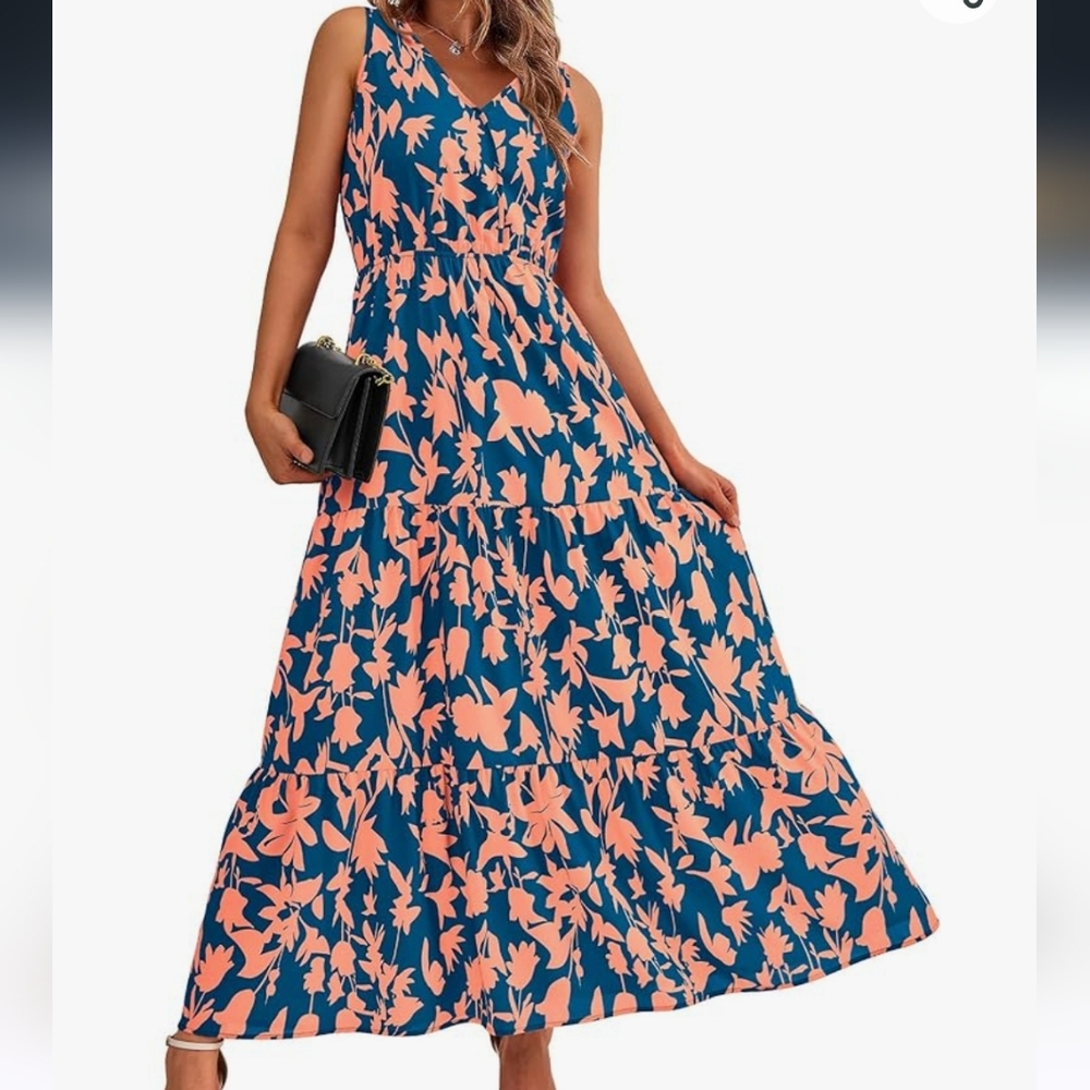 Orange and Blue Sleeveless Scoop Neck Sundress Maxi